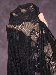 ROMWE Summer Clothes  Graduation Dress Gothic Style Embroidered Floral Lace Button & Ruffle Trim Black Midi Dress For Women - Black - View 8