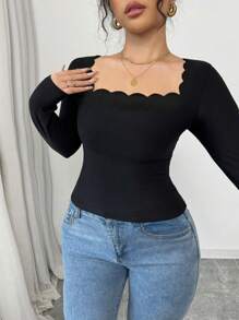 Arcane Artistry Áo thun nữ cổ vuông tay dài màu đen viền bèo nhún thanh lịch ôm sát vừa vặn - màu đen - Xem 5