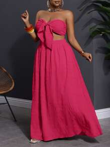 Slaydiva Plus Size Women Textured Bandeau Top And A-Line Midi Skirt 2 Pieces Set For Vacation - Hot Pink - View 7