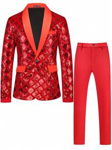 Manfinity AFTRDRK Men's Sequin Decorated Jacket & Trouser Suit Set, Minimalist & Fashionable, Suitable For Summer Men Party Outfit Prom Suits For Men Prom Suit For Men Outfit Sets Men Men Club Outfit - Red - View 3