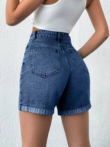 RueChic Slant Pocket Fold Up Front Opening Denim Shorts - Medium Wash - View 4