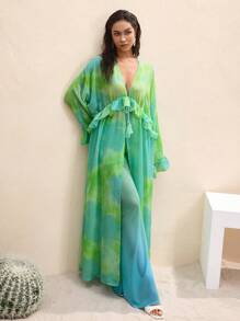 BY FELIZIA 蓝绿色渐变雪纺印花荷叶边垂坠袖和服连衣裙波西米亚风度假连衣裙女式夏季长裙 - 彩色 - 查看 5