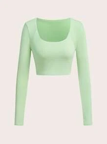 SHEIN Unity 简约纯色长袖运动T恤和背心，时尚夏装 - 綠色 - 查看 2