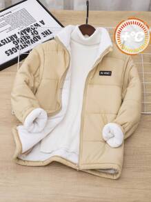 SHEIN Leap Crew Tween 男童休闲保暖衬垫外套，厚绗缝防风立领夹克，冬季 - 黑色 - 查看 3