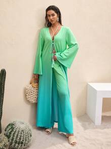 BY FELIZIA Blue Green Gradient Summer Printed Flared Long Sleeve High Slit Kimono Beachwear Maxi Kimono Vacation Swimsuit With Cover Up Bathing Suit With Cover Up Bathing Suits Cover Up Beach For Woman Swim Suits With Cover Up - Multicolor - View 4