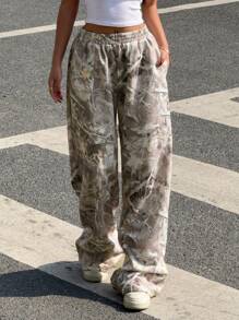 SHEIN EZwear 宽松女式树枝印花松紧腰阔腿休闲运动裤 - 卡其色 - 查看 6