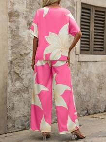 SHEIN Clasi 2pcs/Set Summer Floral Print V-Neck Top And Wide Leg Pants,Summer Sets - Hot Pink - View 2
