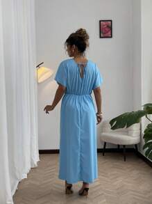 SHEIN Clasi Vestido largo de línea A con cintura para mujer de talla grande en unicolor - Azul - Ver 2