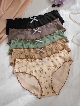 PetitDoll 5pcs Sweet Ditsy Floral Ruffle Trim Briefs Set