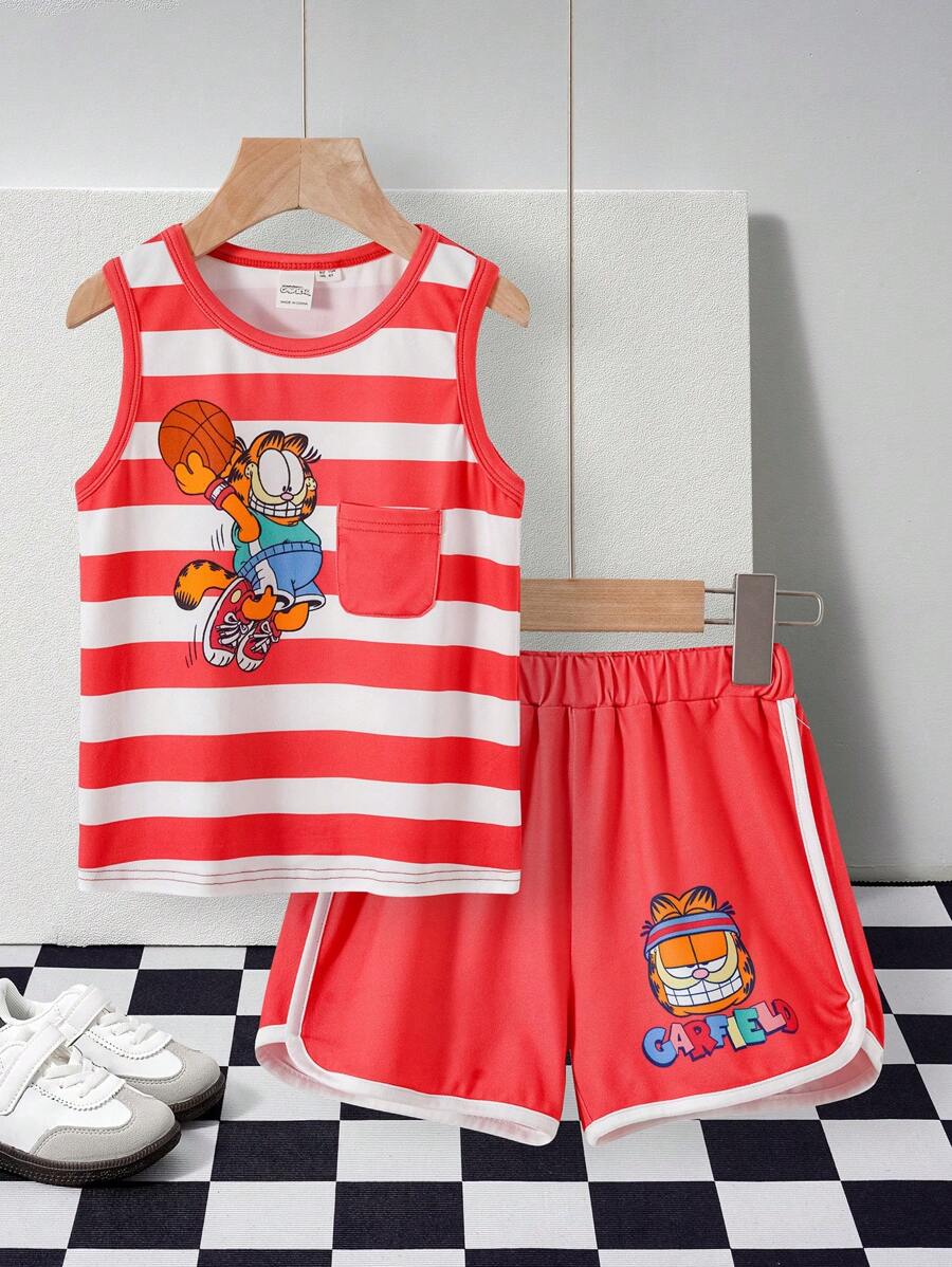 GARFIELD | SHEIN Conjunto de 2 piezas de Top de tirantes estampada con baloncesto y shorts deportivos estampados con baloncesto, estilo deportivo casual para niño, para primavera/verano - Naranja Coral - Ver 1