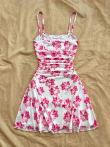 SHEIN 青少年女孩海滩休闲度假优雅花卉印花修身褶饰舒适弹力网眼印花荷叶边下摆 A 字吊带连衣裙，可爱粉色花卉夏装 - 粉色 - 查看 2