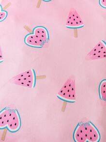 SHEIN 3 件套女婴粉色西瓜印花长袖连体衣（含围兜和头带）家居服 - 彩色 - 查看 5