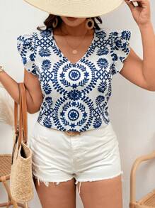 SHEIN Frenchy Blus Wanita Ukuran Besar Motif Tumbuhan dengan Tali Belakang dan Lengan Pendek - Blue and White - View 2