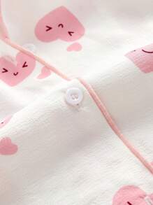 SHEIN Tween Girl Cartoon Heart Pattern Collar Button Short Sleeve Chiffon Ruffle Trim Relaxed Pajama Set, 2pcs - Baby Pink - View 2
