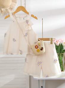 SHEIN 2 件套女孩花卉印花休闲度假装 - 白色 - 查看 1