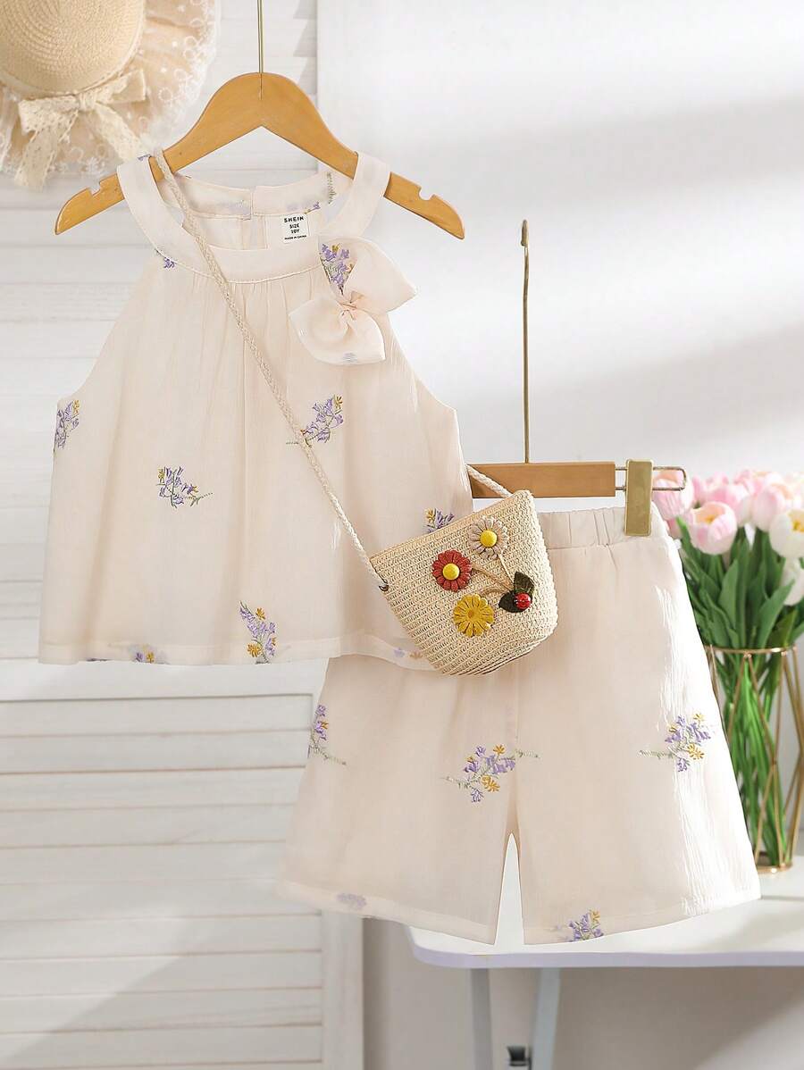 SHEIN 2 件套女孩花卉印花休闲度假装 - 白色 - 查看 1