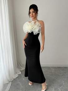 Rafferiza Women's Romantic Elegant 3D Floral Chiffon Organza Flowers Wedding Guest High Elastic Fabric Birthday Dresses Evening Dress Tube Concert Outfit Bandeau Fishtail Party/Holiday/Date 2025 New Long Dress - Black - View 7