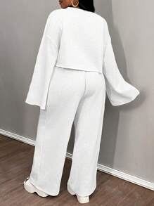 Slaydiva 2024 New Basic Solid Color Long Sleeve Cropped Top, Cami, And Wide Leg Long Pants 3 Piece Set, Plus Size Women Casual Homewear