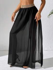 SHEIN Swim Women's Black Lace Waist Split Hem Skirt And Overlay Set, Spring/Summer - Black - View 4