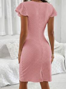 SHEIN Maternity Embroidered & Twisted Cutout Ruffled Sleeve Fitted Dress - Baby Pink - View 2