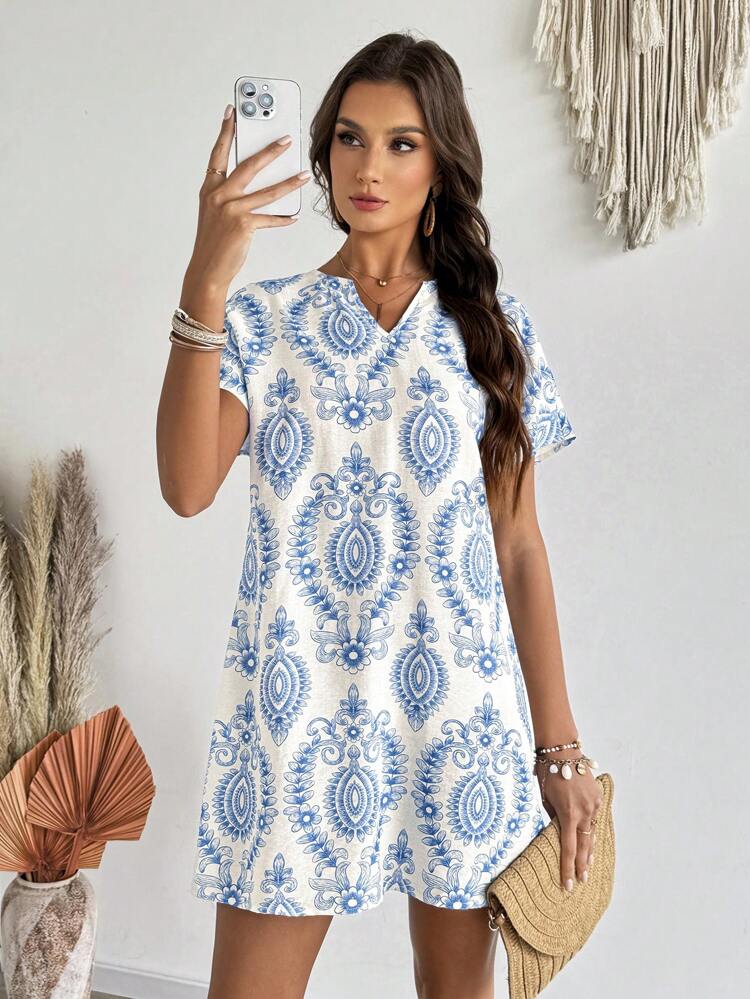 Women's V-Neck Short Sleeve Casual Dress, Suitable For Summer