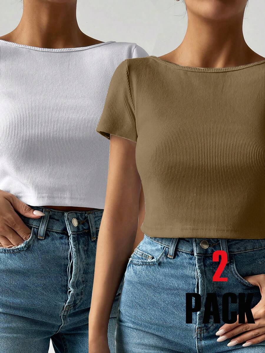 SHEIN Cottnline T-Shirt 2 Multipack Black White Basic Casual Relax Cool Cute - Multicolor - View 1