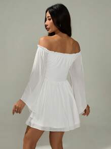 SHEIN PETITE 女士度假纯色露肩喇叭袖收腰迷你连衣裙 - 白色 - 查看 2