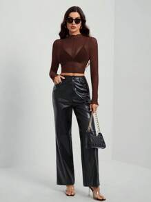 SHEIN Tall Áo cánh lưới xuyên thấu gợi cảm tay dài màu trơn cho nữ - màu nâu - Xem 3