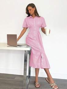 Siren Gaze 女士度假休闲条纹松紧腰前扣衬衫裙 - 玫紅色 - 查看 2