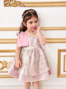 SHEIN Vestido de fiesta elegante y lindo para niña bebé con bordado floral de satén y decoración de tul con lazo - Multicolor - Ver 3