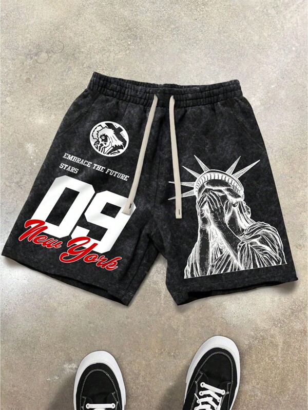 Manfinity Streetrush Men's Summer Casual Sculpting & Letter Print Drawstring Waist Shorts