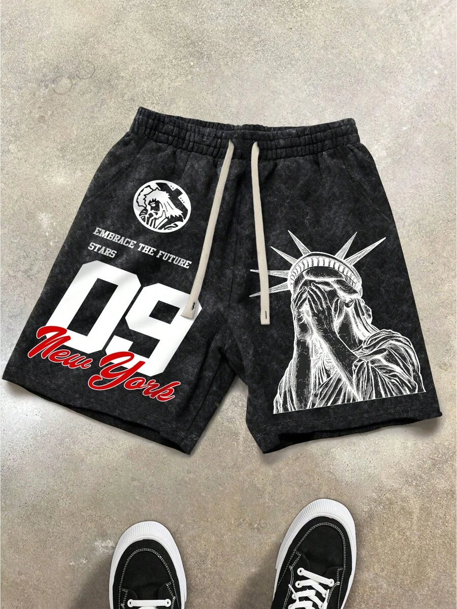Manfinity Streetrush Shorts casuales de verano para hombre con diseño esculpido y estampado de letras con cordón ajustable en la cintura