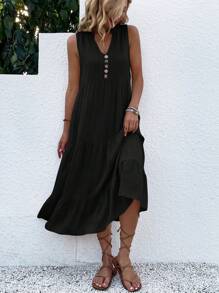 EMERY ROSE Button Detail Layered Hem Smock Dress Maxi Women Outfit - Black - View 3