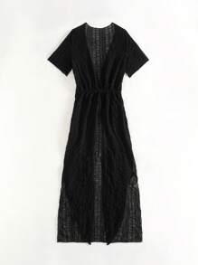 Swim Vcay Swim Chicsea Plain Short Sleeve Split Thigh Kimono Cover-Up For Women - Black - View 5