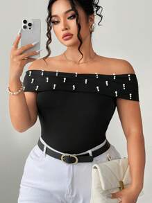 Elenzga Women's Solid Color Elegant Open Shoulder Beaded Bodycon Top - Black - View 1