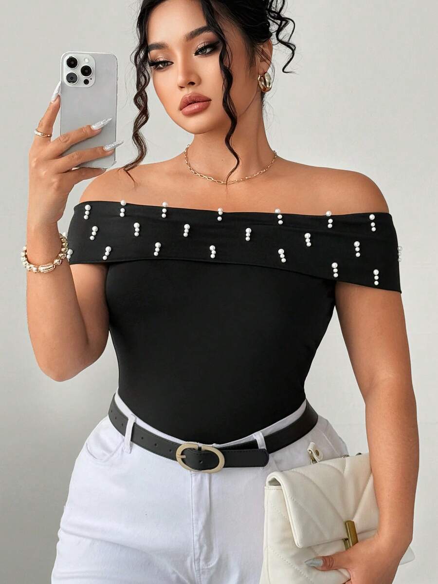 Elenzga Women's Solid Color Elegant Open Shoulder Beaded Bodycon Top - Black - View 1