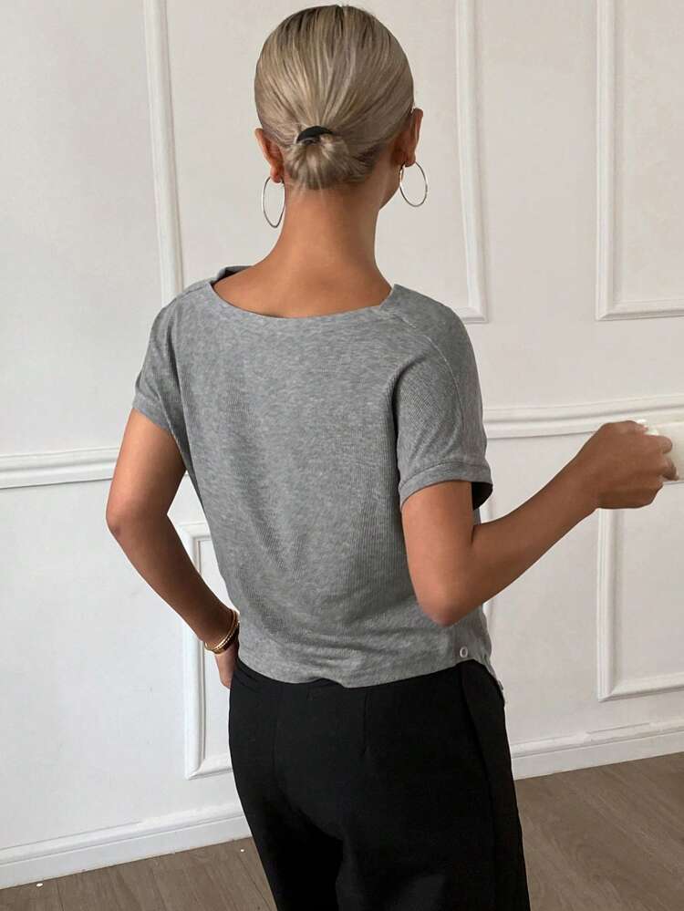 Women Solid Color Casual Short Sleeve Scoop Neck T-Shirt, Summer Top