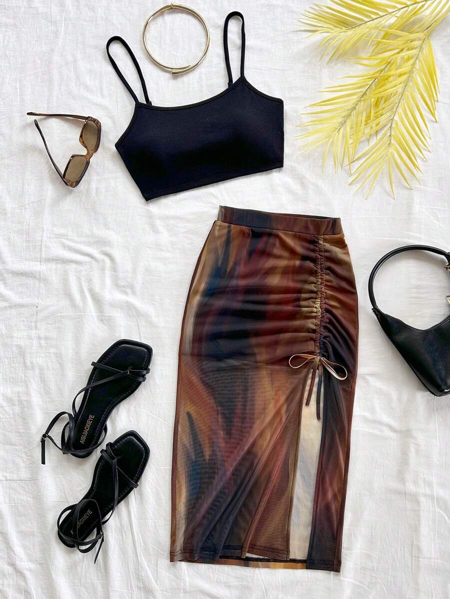 Soleia New Vacation Knitted Sunset Print Twist Slit Metal Decor Design Vest And Mini Skirt 2 Pieces Set