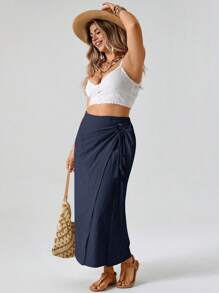 Freevana Váy midi dài vừa phải có khoen chữ O trang trí cho nữ cỡ lớn, phong cách phương Tây Boho Bohemian thập niên 90, mùa hè, kín đáo, vừa vặn với Ibiza, váy dự tiệc mùa xuân Old Money - Màu xanh hải quân - Xem 3