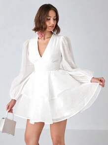 Enchnt Spring/Summer Romantic Women's White V-Neck Layered Elegant Puff Long Sleeve Mini Dress Long Sleeve Mini Dress,Sweet&Elegant&Modest Sundress For Birthday&Holiday Party&Sweet Date&Vacation&Graduation Season,Summer Outfits For Women,Wedding Guest Dress Women,Easter Outfit Women