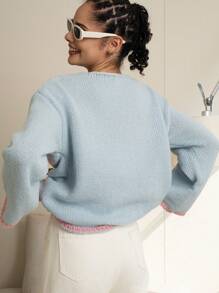 INAWLY Damen Loose Buchstaben Muster Dropped Shoulder Langarm Lässig Pullover, Herbst & Winter, Strick Pullover - Verschiedenfarbig - Übersicht 2