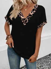 SHEIN VCAY Women Casual V-Neck Short Sleeve Turnover Cuff, Curved Hem Leopard Print T-Shirt - Multicolor - View 3