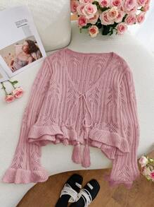 SHEIN Privé Plus Size Women's Casual Loose Bohemian Hollow Out Knit Cardigan, Tasseled Crochet Beach Coverup, Spring/Summer In Fall/Winter - Pink - View 5