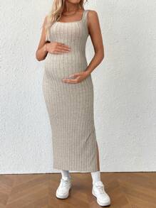 SHEIN Maternity Summer Minimalist Ribbed Twist Back Slit Midi Dress - Apricot - View 6