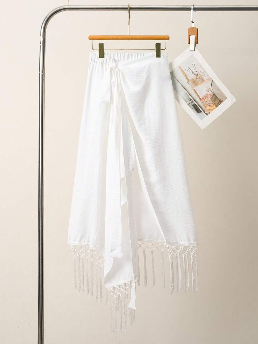 SHEIN Clasi 大码女式波西米亚风系带松紧腰流苏半身裙