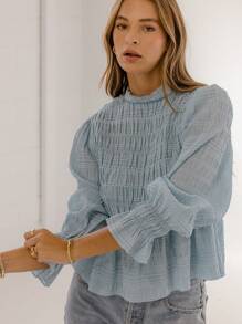 Aralina Boho Chic Shirred Long Sleeve Dobby Blouse - Dusty Blue - View 5