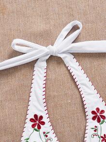 Swim Mod Deep V Neck Vintage Floral Print Halter Bikini Top For Summer Beach Vacation - Multicolor - View 5