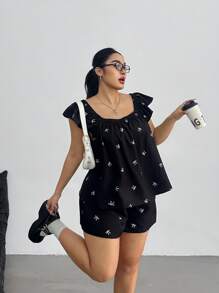 SHEIN MOOSTA 大码女式 2 件套上衣和短裤，蝴蝶印花盖袖方领衬衫和蝴蝶结休闲短裤，夏季 - 黑色 - 查看 1