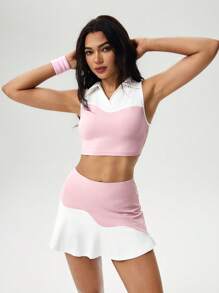 Hanevo 2pcs/Set Women's Summer Fashion Polo Collar Ombre Wave Design Crop Top And Elastic Waist Ombre Wave Ruffle Hem Mini Skirt Sportwear For Daily Wear - Black and White - View 6