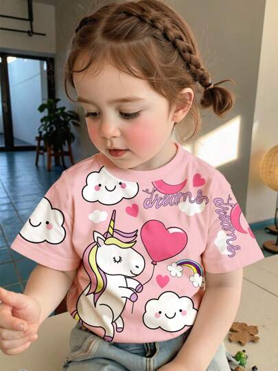 SHEIN 可爱甜美独角兽和心形印花，粉色，女婴休闲简约短袖圆领上衣，适合夏季